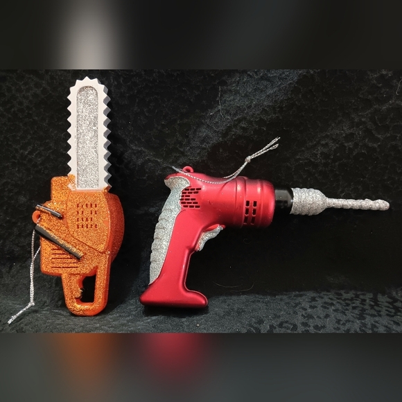 Set of 2 Construction themed Tool Christmas Ornaments Drill Saw - Picture 1 of 2